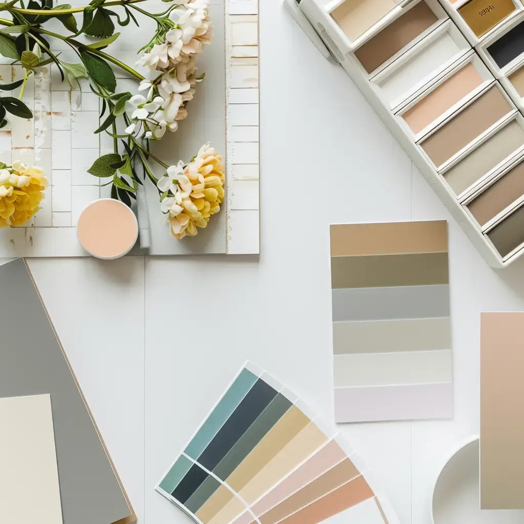 White desk with color swatches and pallettes